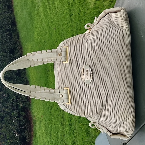Versace Perforated Beige and Gold Leather Dome Shaped Satchel - Picture 1 of 14
